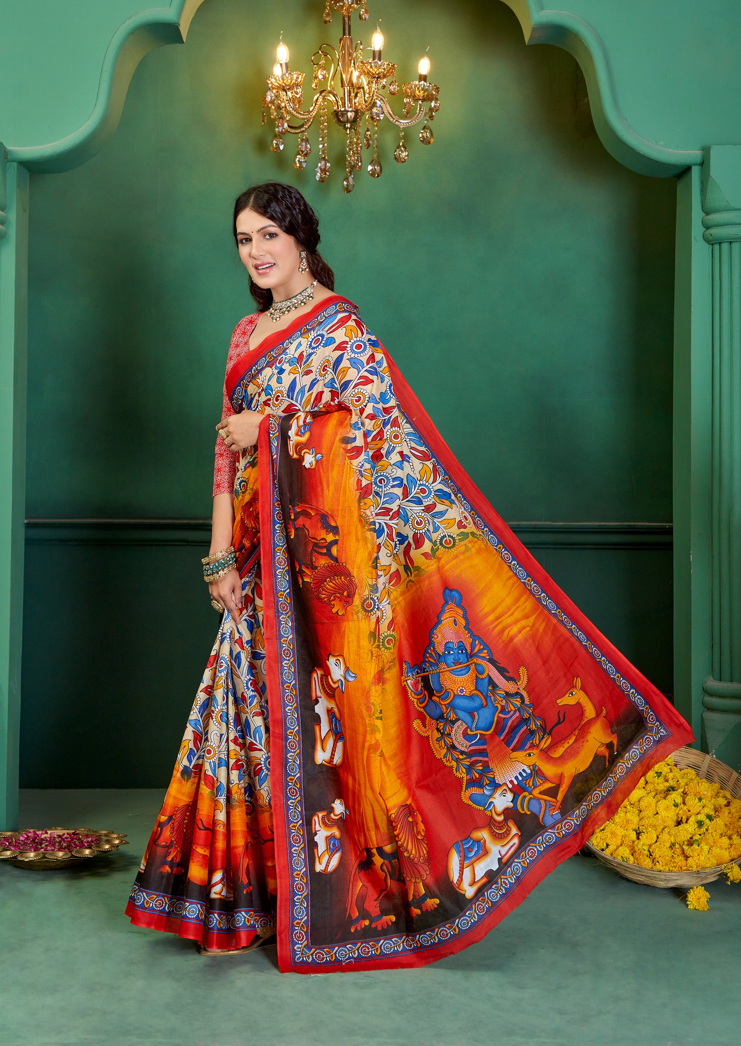 Elegent Multicolor Cotton Mul Printed Saree