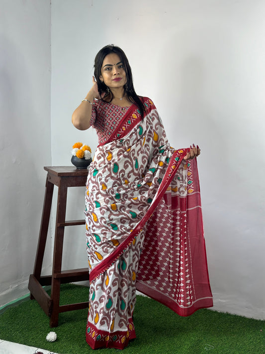 Red-White Cotton Mul Printed Saree