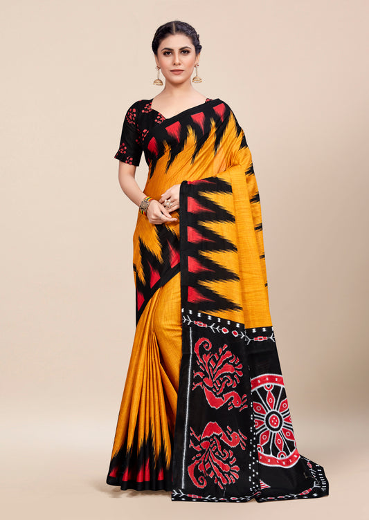 Black-Mustard Cotton Mul Printed Saree