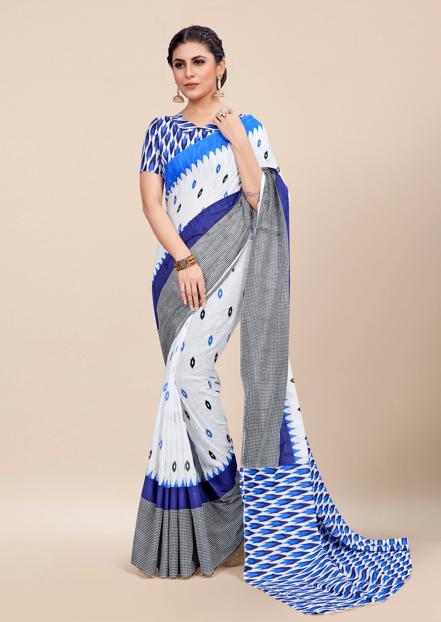 Tri-Color Cotton Mul Printed Saree