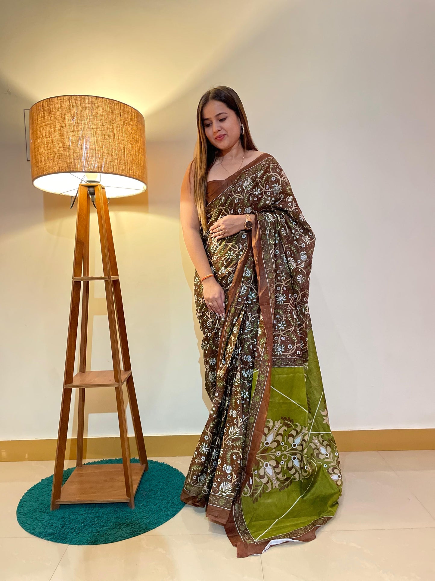 Coffee Cotton Mul Printed Saree