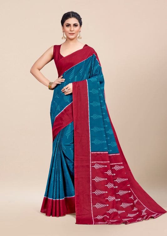 Maroon-Teal Blue Cotton Mul Printed Saree