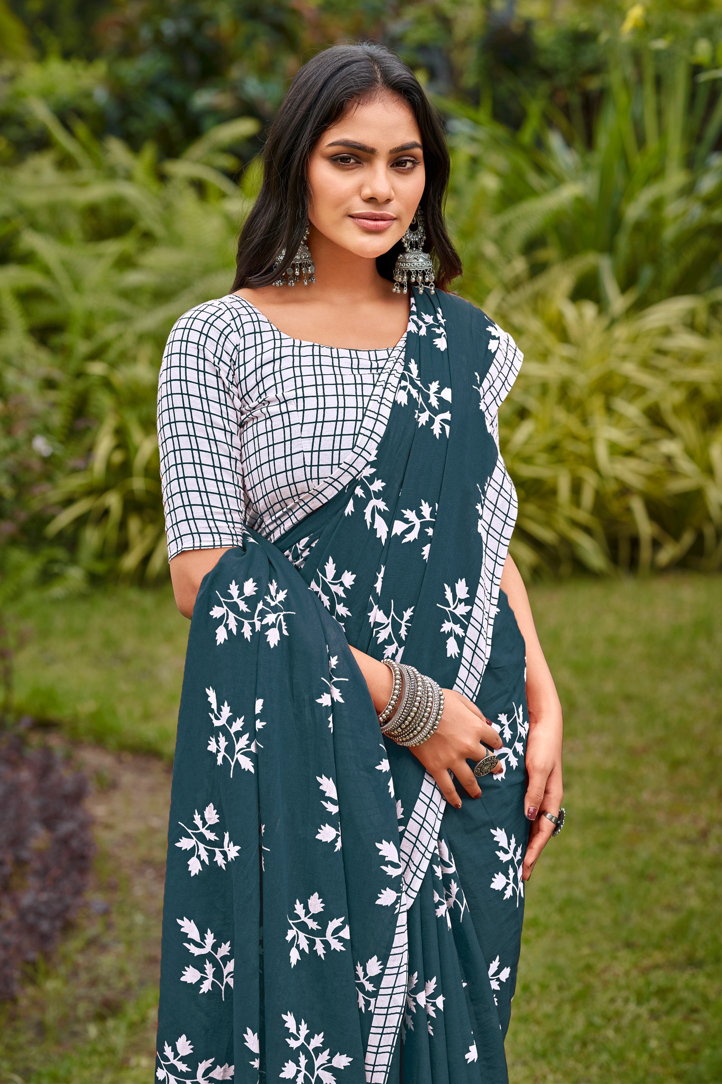 Teal Blue Cotton Mul Printed Saree