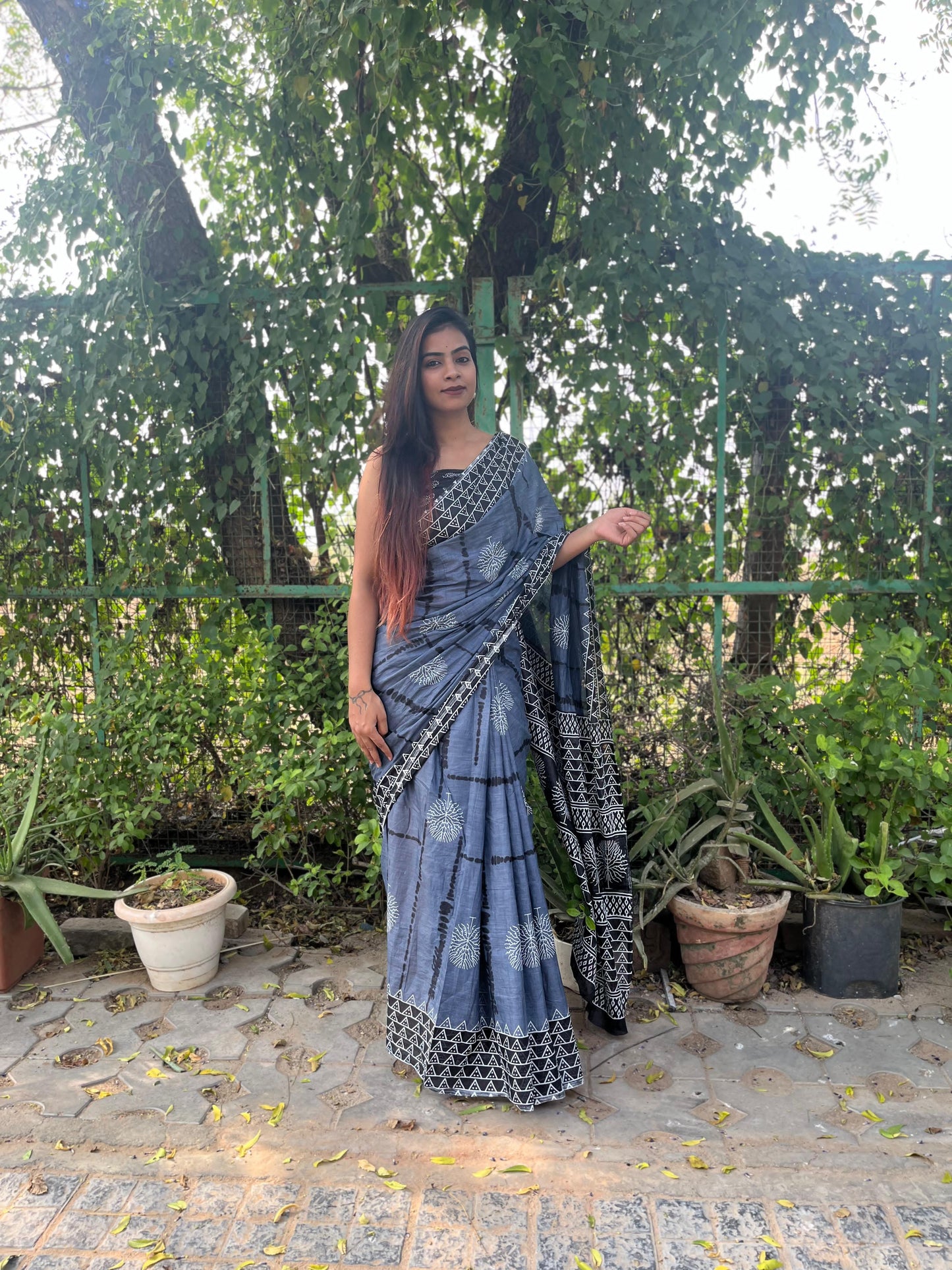 Grey Cotton Mul Printed Saree