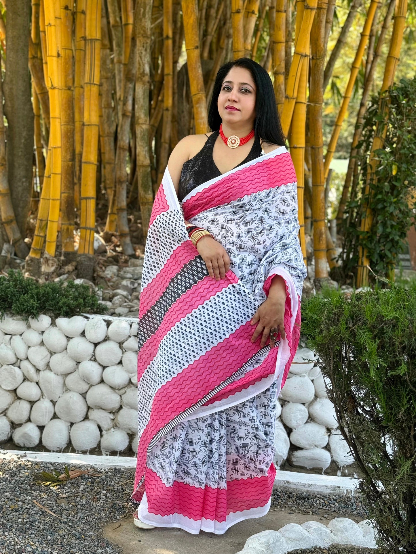 White-Pink Cotton Mul Printed Saree