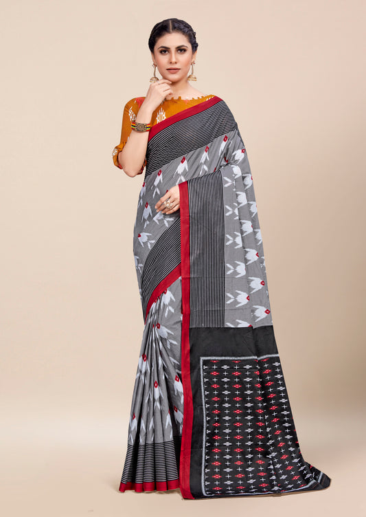 Black-Grey Cotton Mul Printed Saree