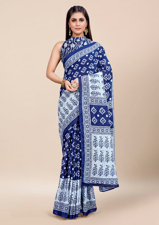 Navy Blue Cotton Mul Printed Saree