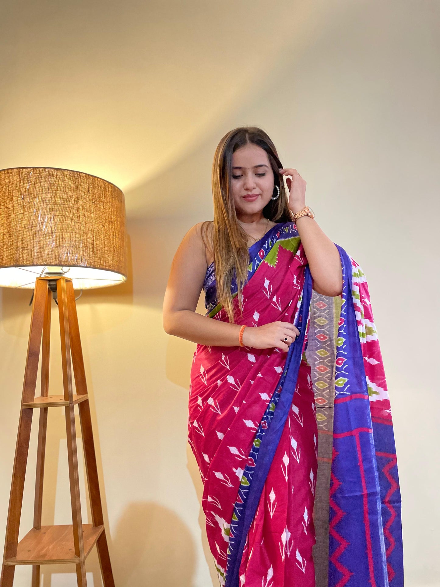 Pink-Blue Cotton Mul Printed Saree