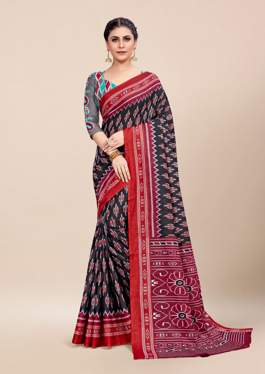 Traditional Black Cotton Mul Printed Saree