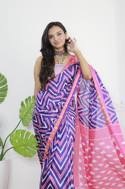 Blue-Pink Cotton Printed Saree