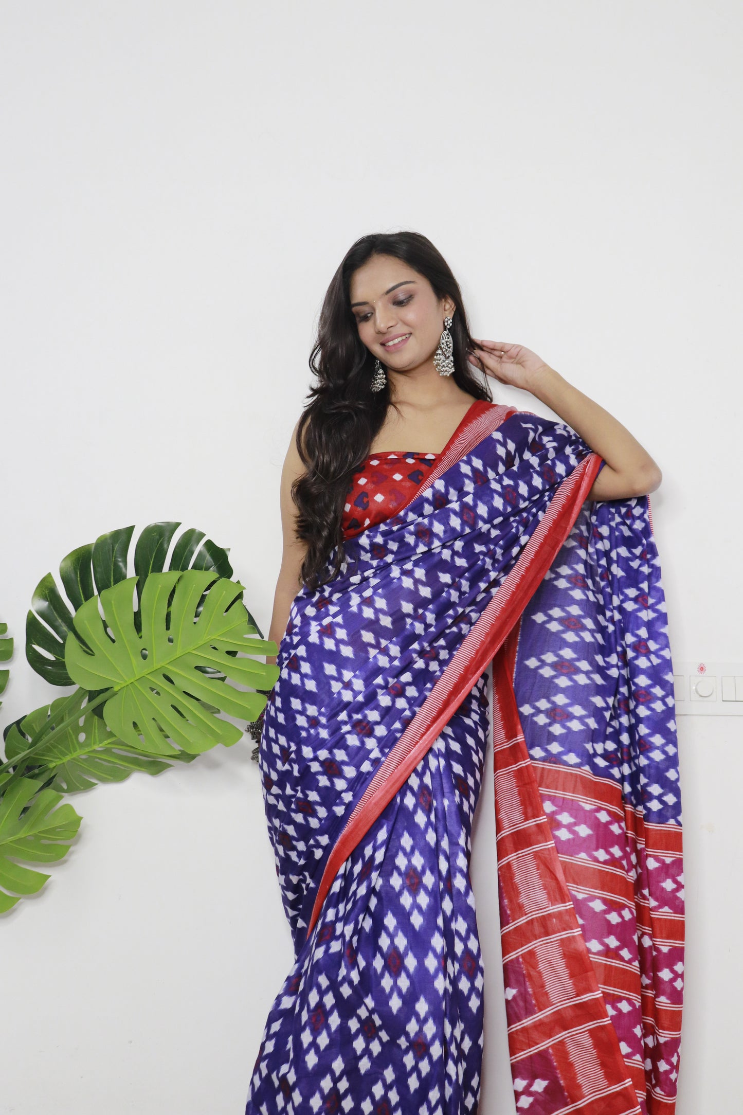 Blue-Red Cotton Printed Saree