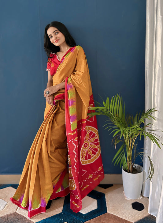 Mustard-Red Cotton Mul Printed Saree