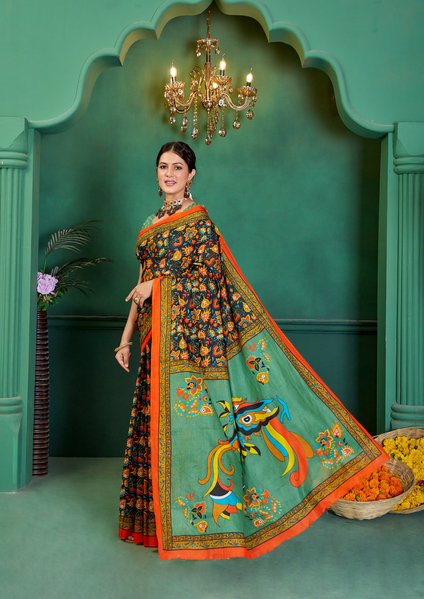 Black-Green Cotton Mul Printed Saree