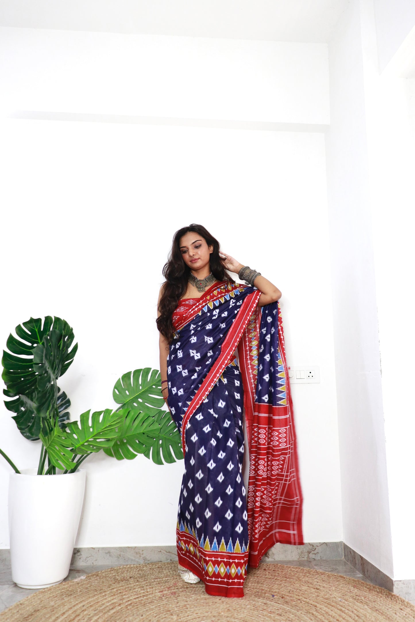 Blue-Red Cotton Printed Saree