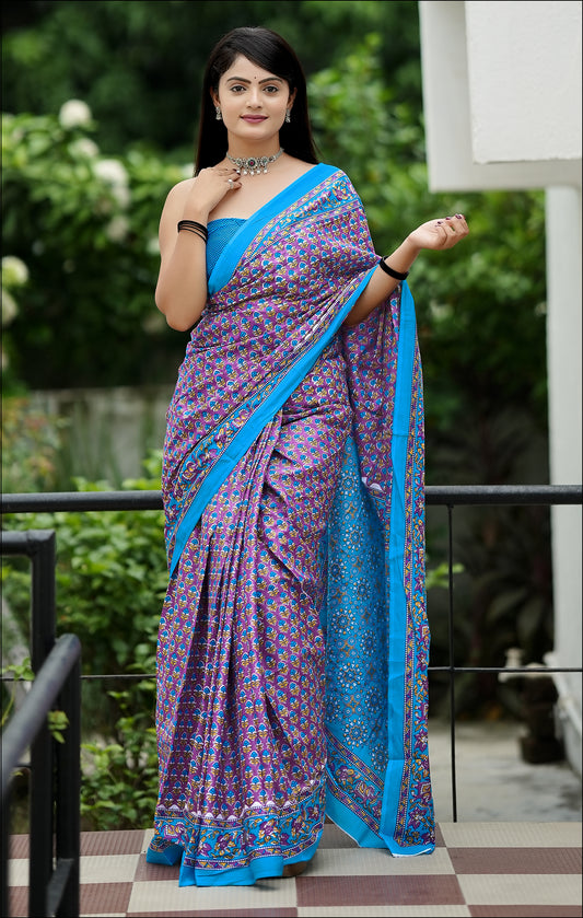 Purple-Sky Cotton Mul Printed Saree