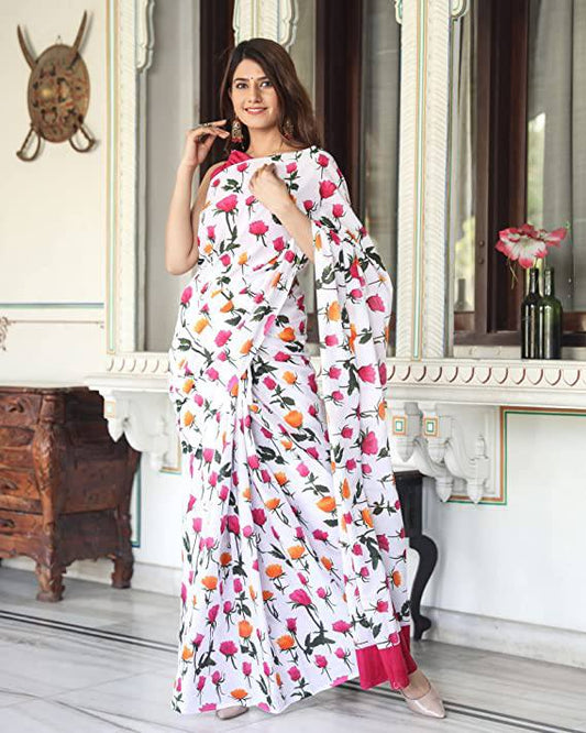 Graceful White Cotton Mul Printed Saree