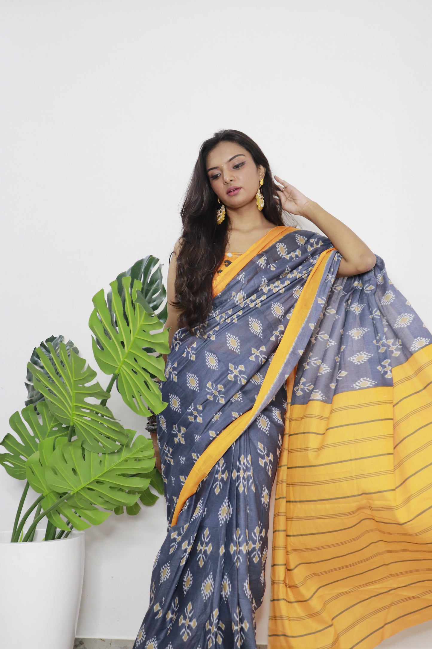 Grey-Mustard Cotton Printed Saree