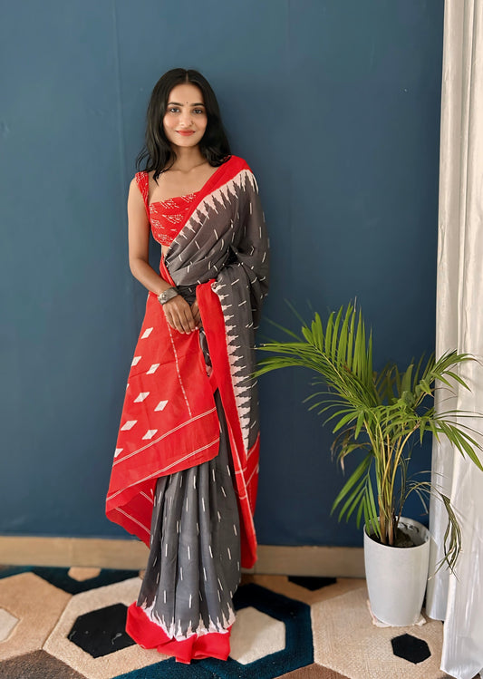 Grey-Red Cotton Mul Printed Saree