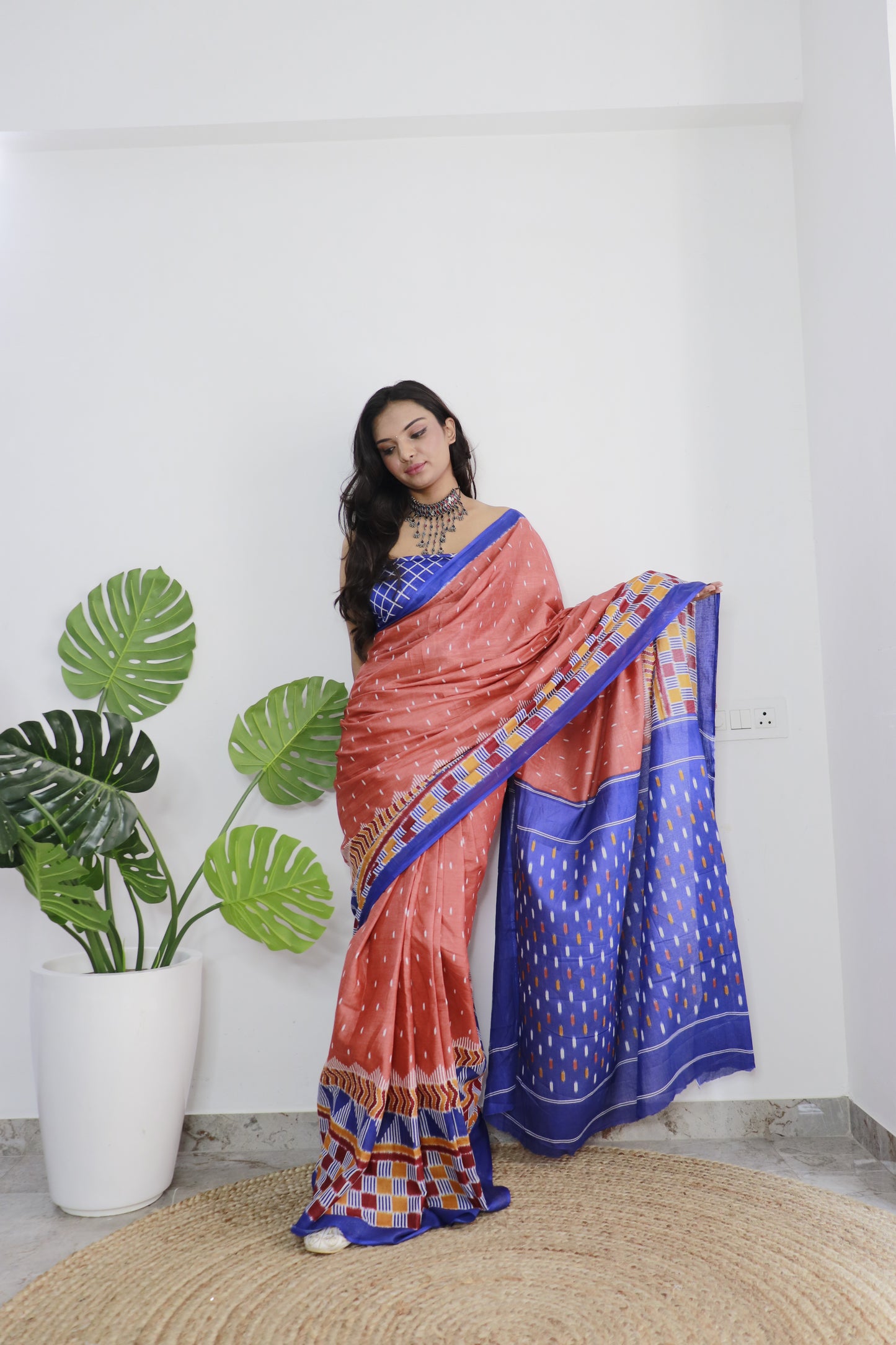 Peach-Blue Cotton Printed Saree