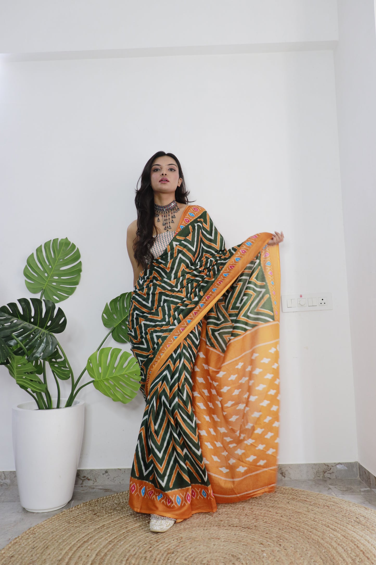 Green-Yellow Cotton Printed Saree