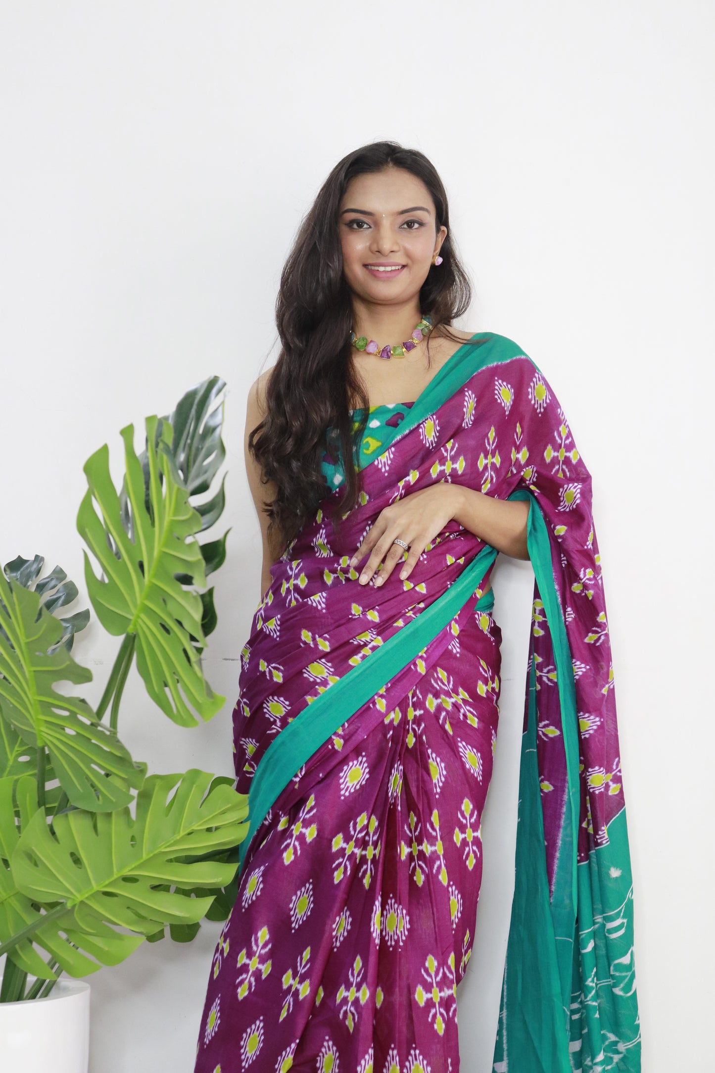 Wine-Mint Green Cotton Printed Saree