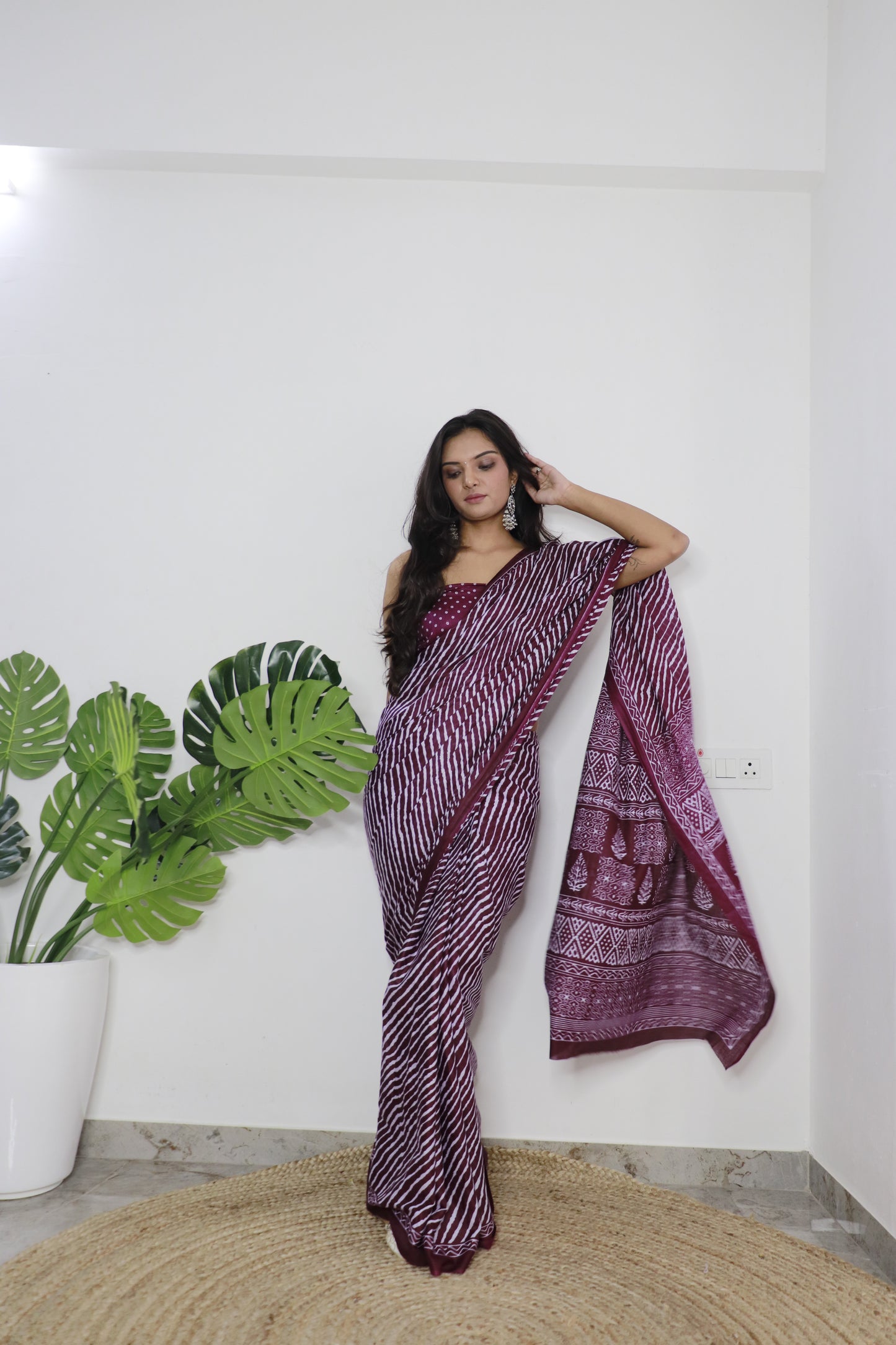 Wine Cotton Printed Saree