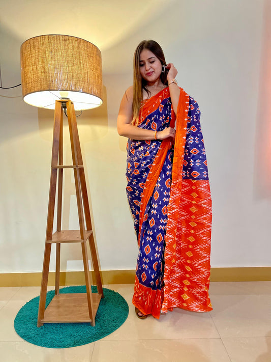 Blue-Orange Cotton Mul Printed Saree