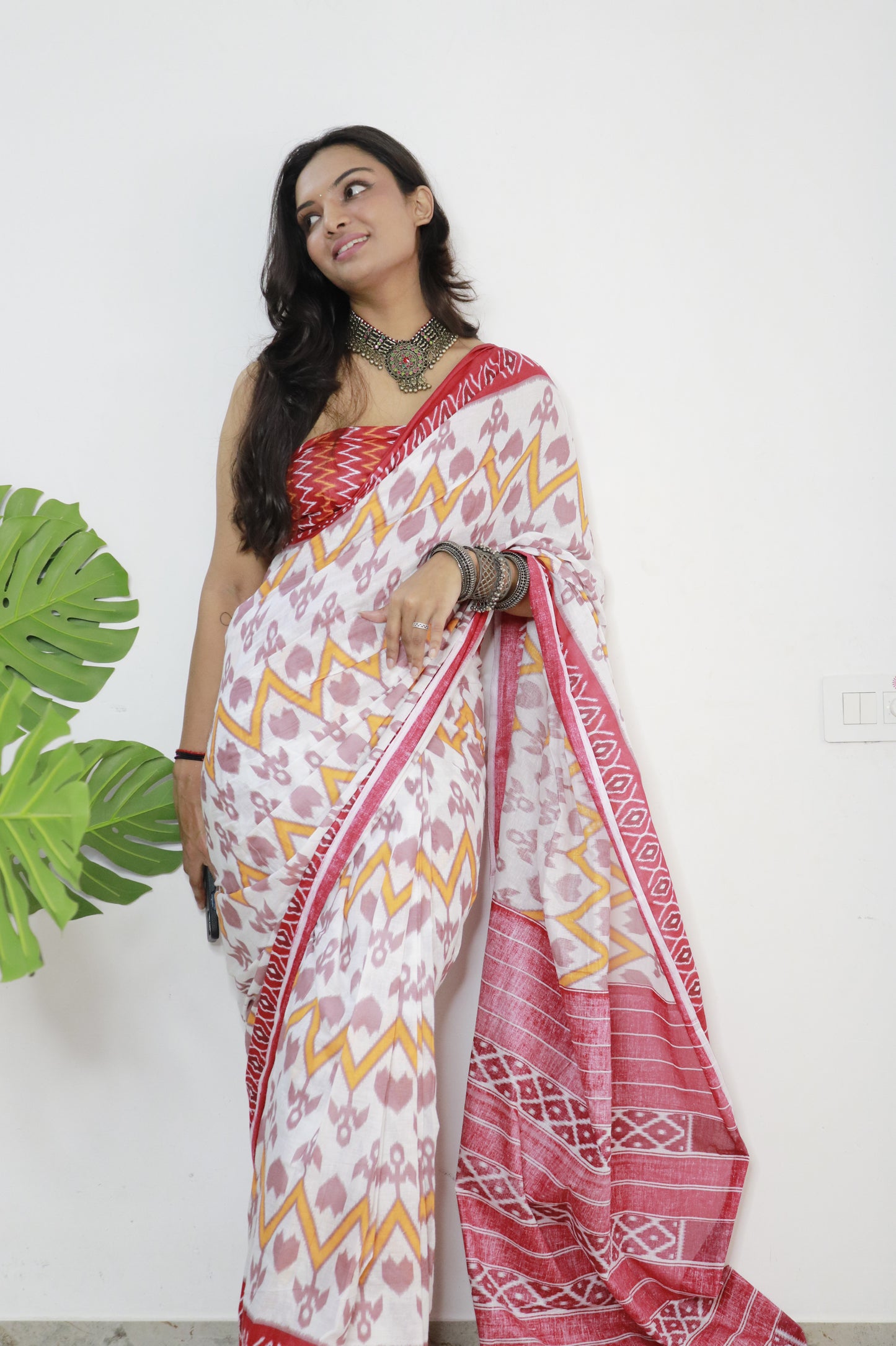 Red-White Cotton Printed Saree