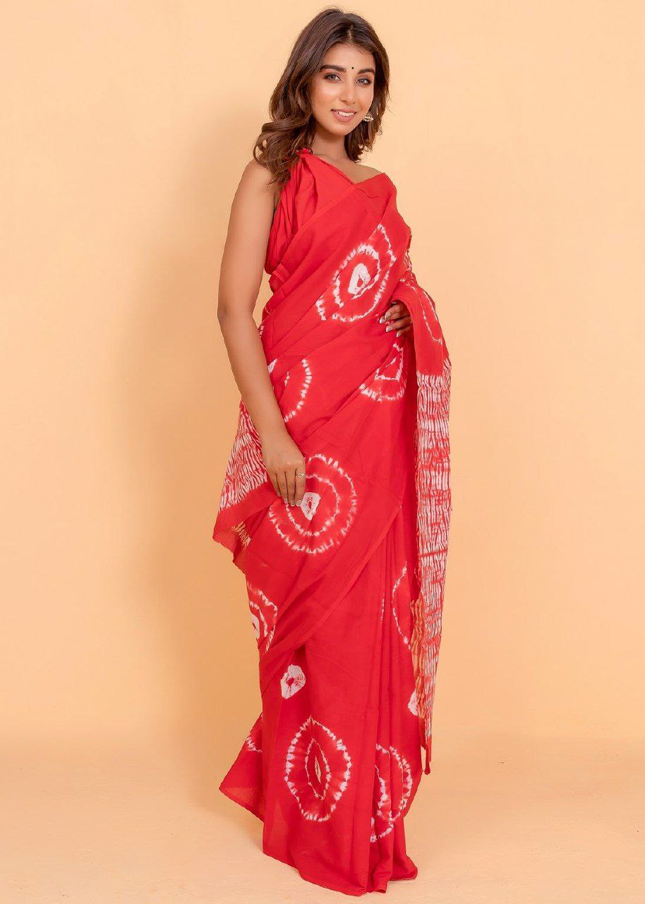 Red Cotton Mul Printed Saree