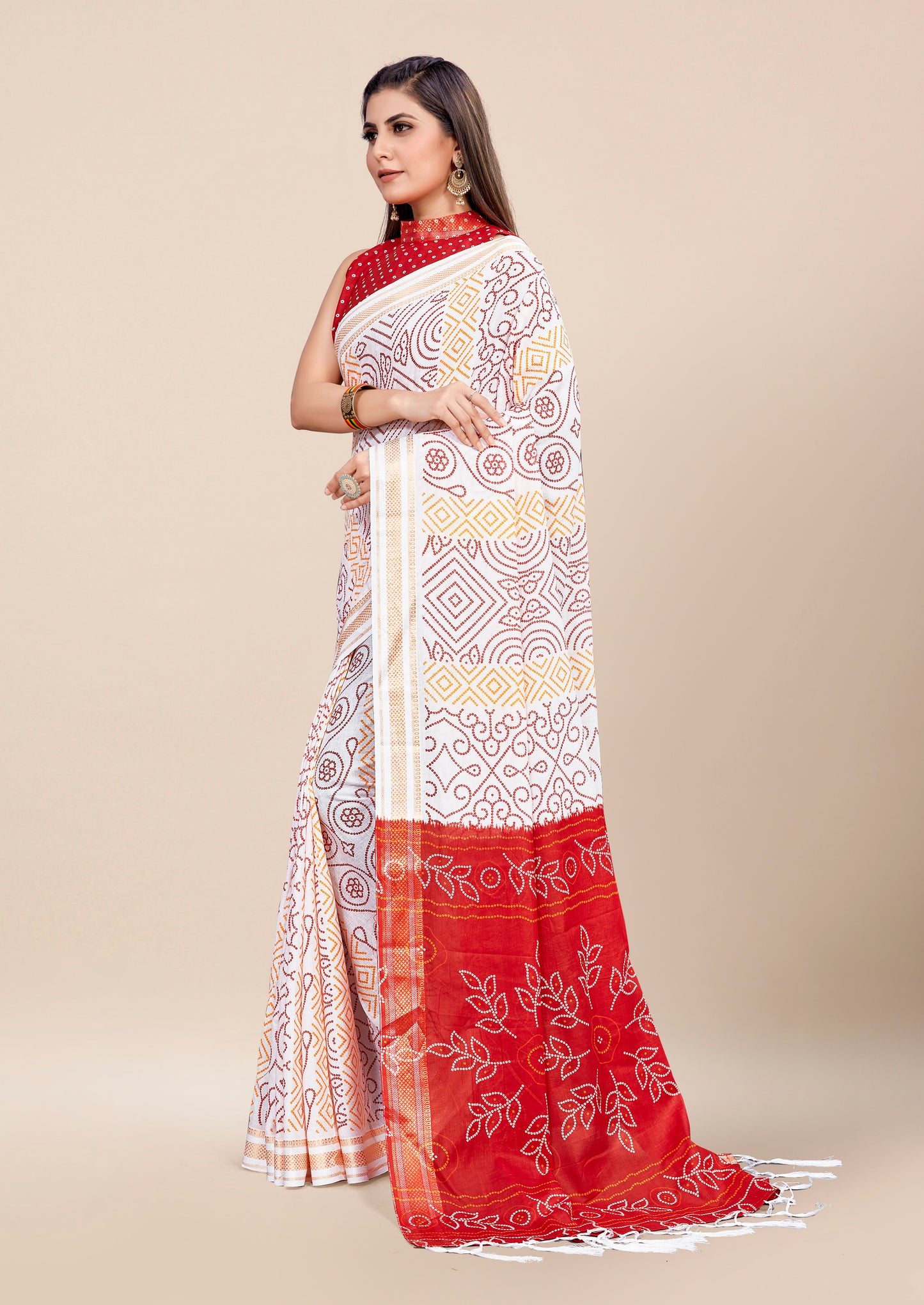 Reddish-White Cotton Mul Printed Saree