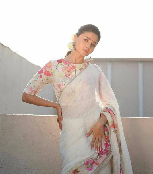 Pink-White Cotton Mul Printed Saree