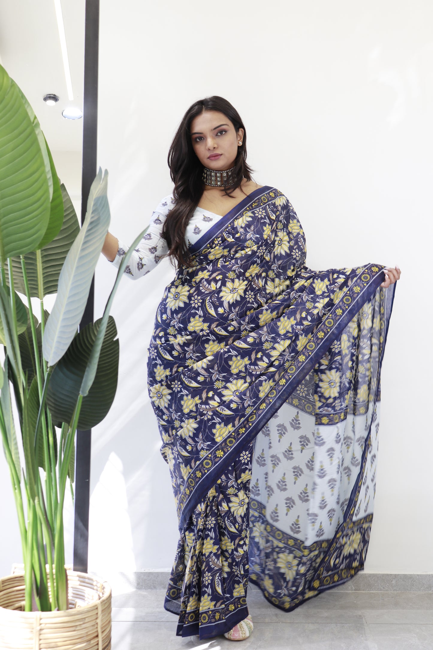 Blue Cotton Printed Saree