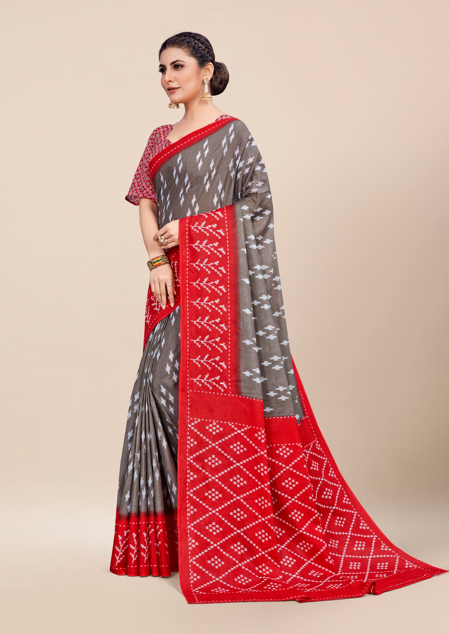 Red-Grey Cotton Mul Printed Saree