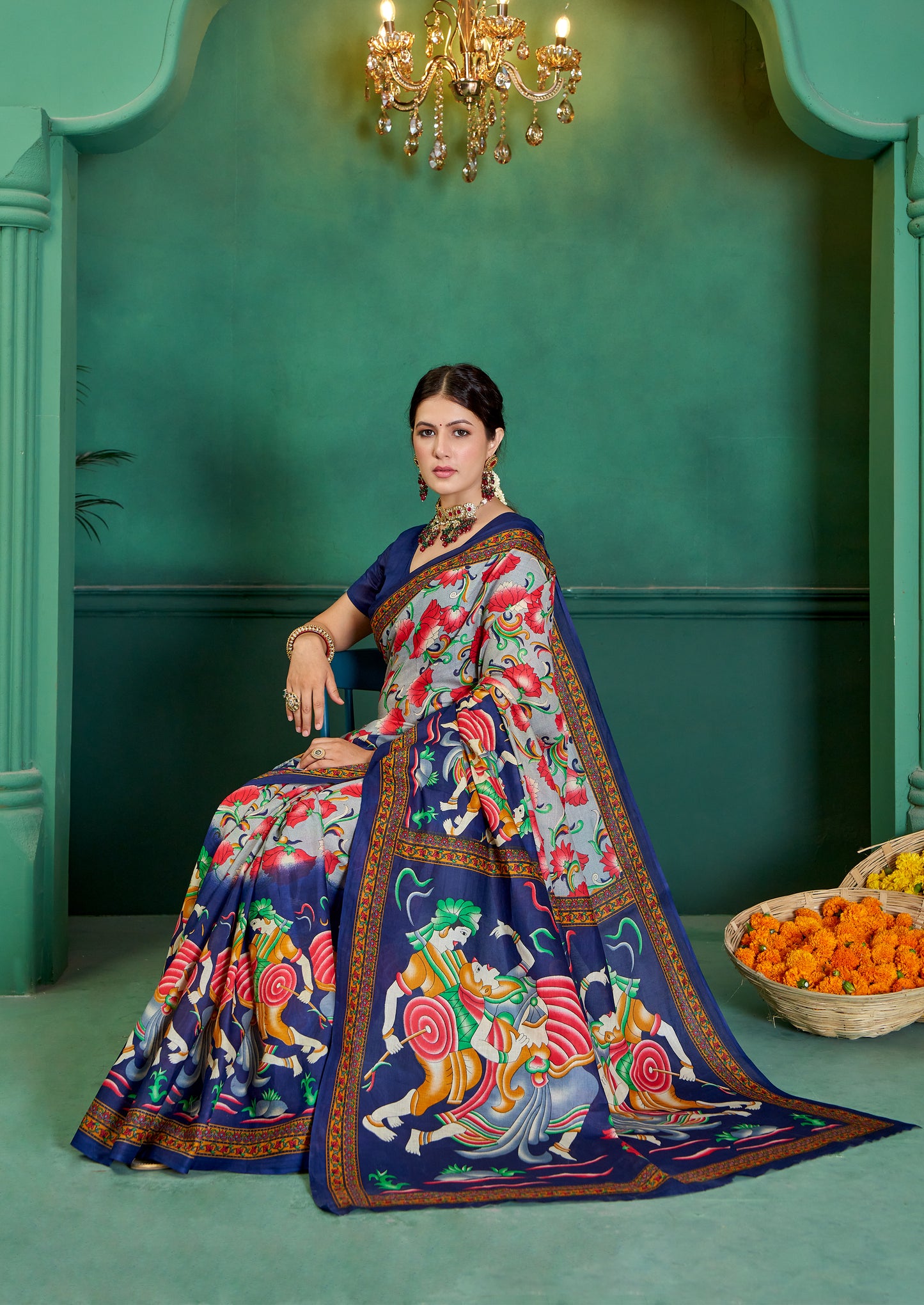 Blue Cotton Mul Printed Saree