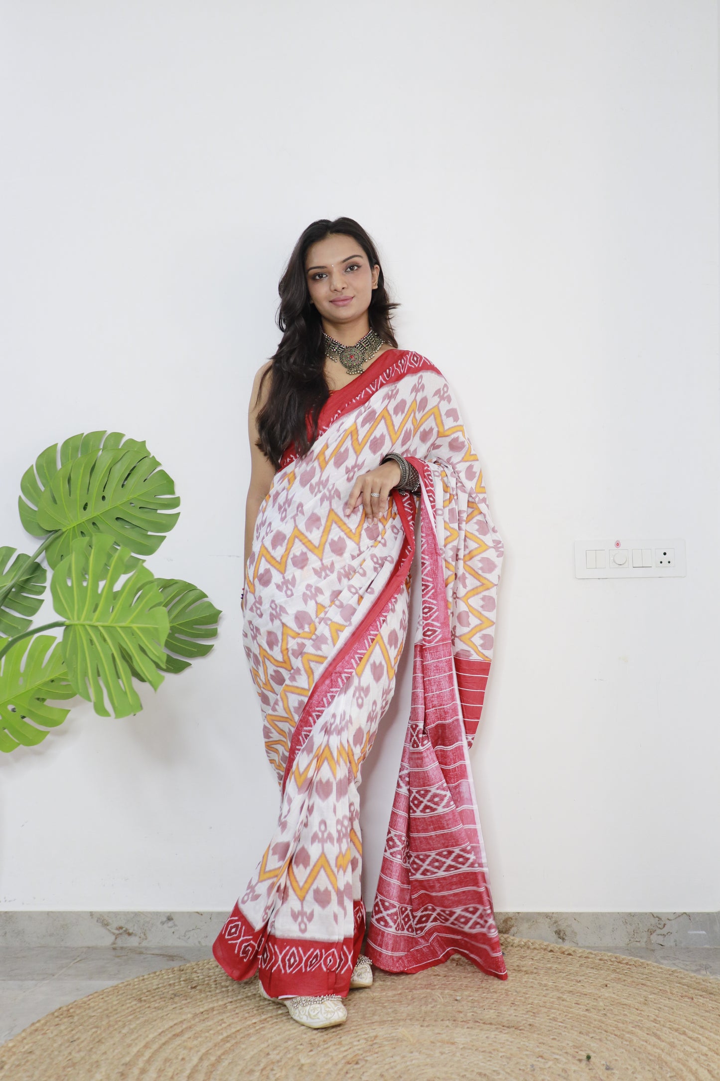 Red-White Cotton Printed Saree