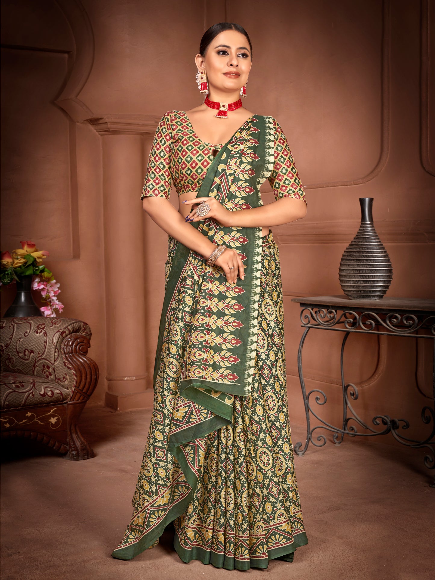 Green Cotton Mul Printed Saree