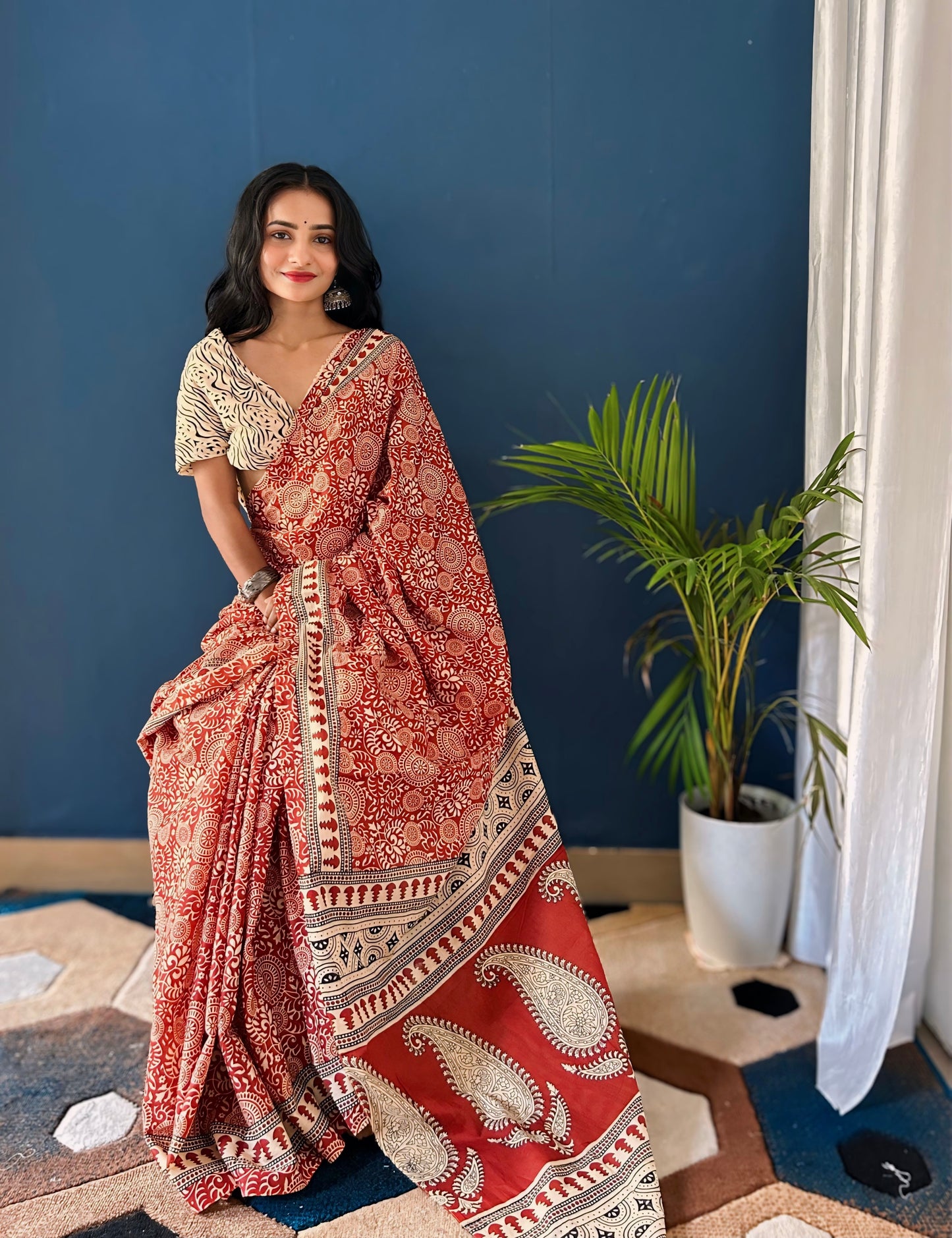 Red Cotton Mul Printed Saree