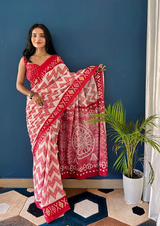 White-Cheery Red Cotton Mul Printed Saree