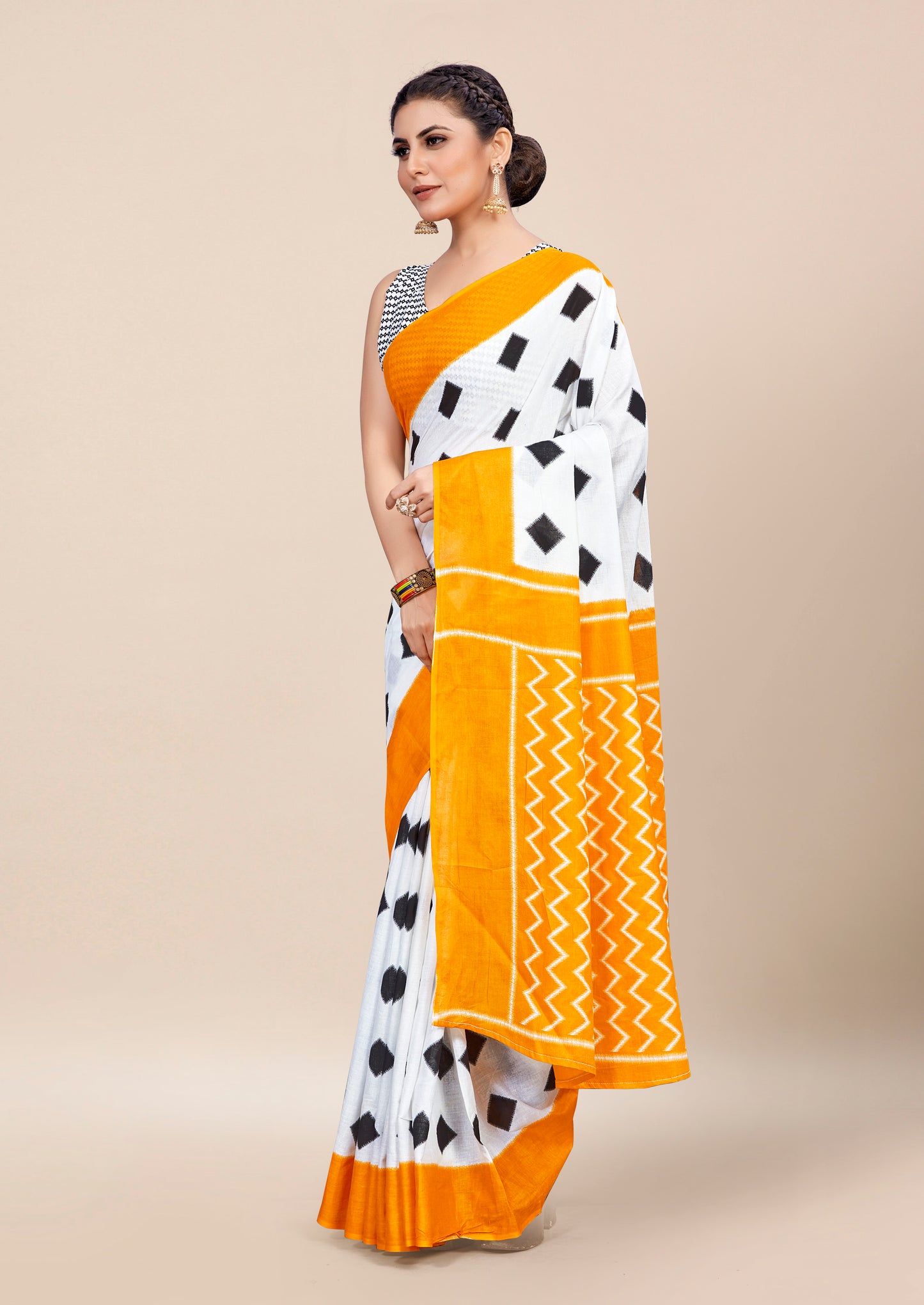 Mustard-White Cotton Mul Printed Saree