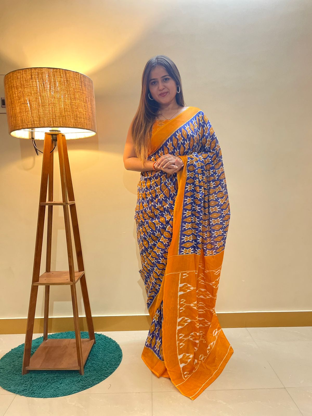 Blue-Yellow Cotton Mul Printed Saree