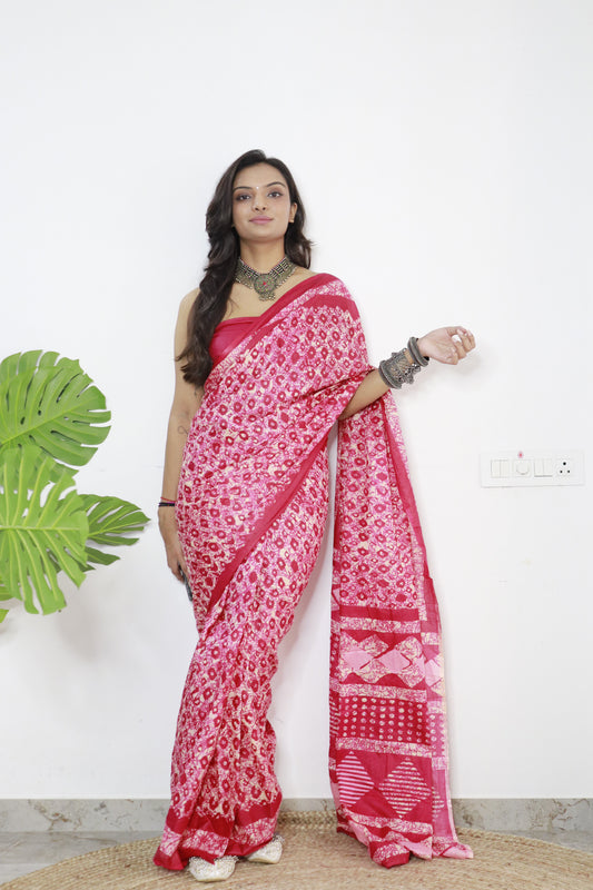 Cherry Pink Cotton Printed Saree