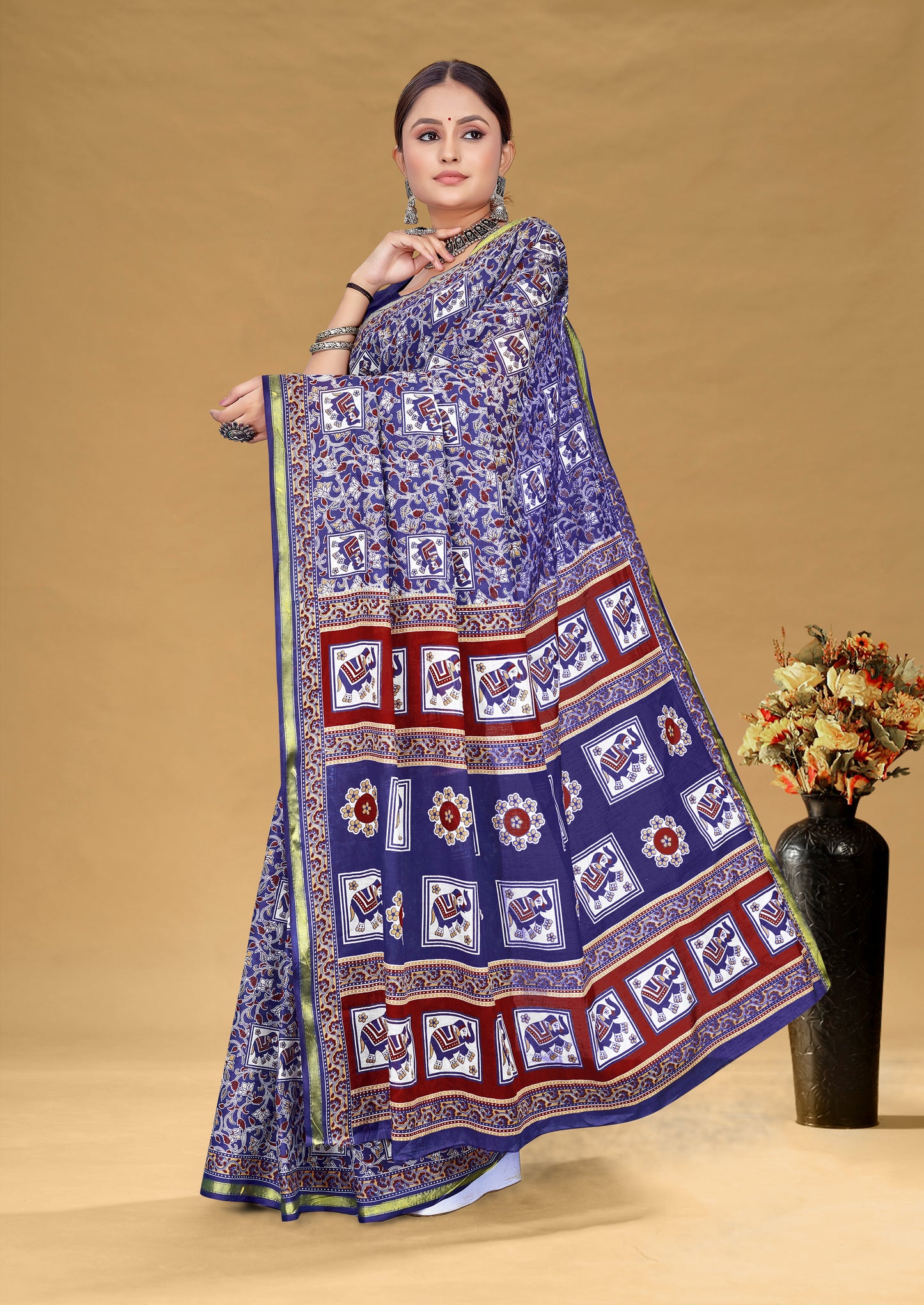Vintage Blue Cotton Mul Printed Saree