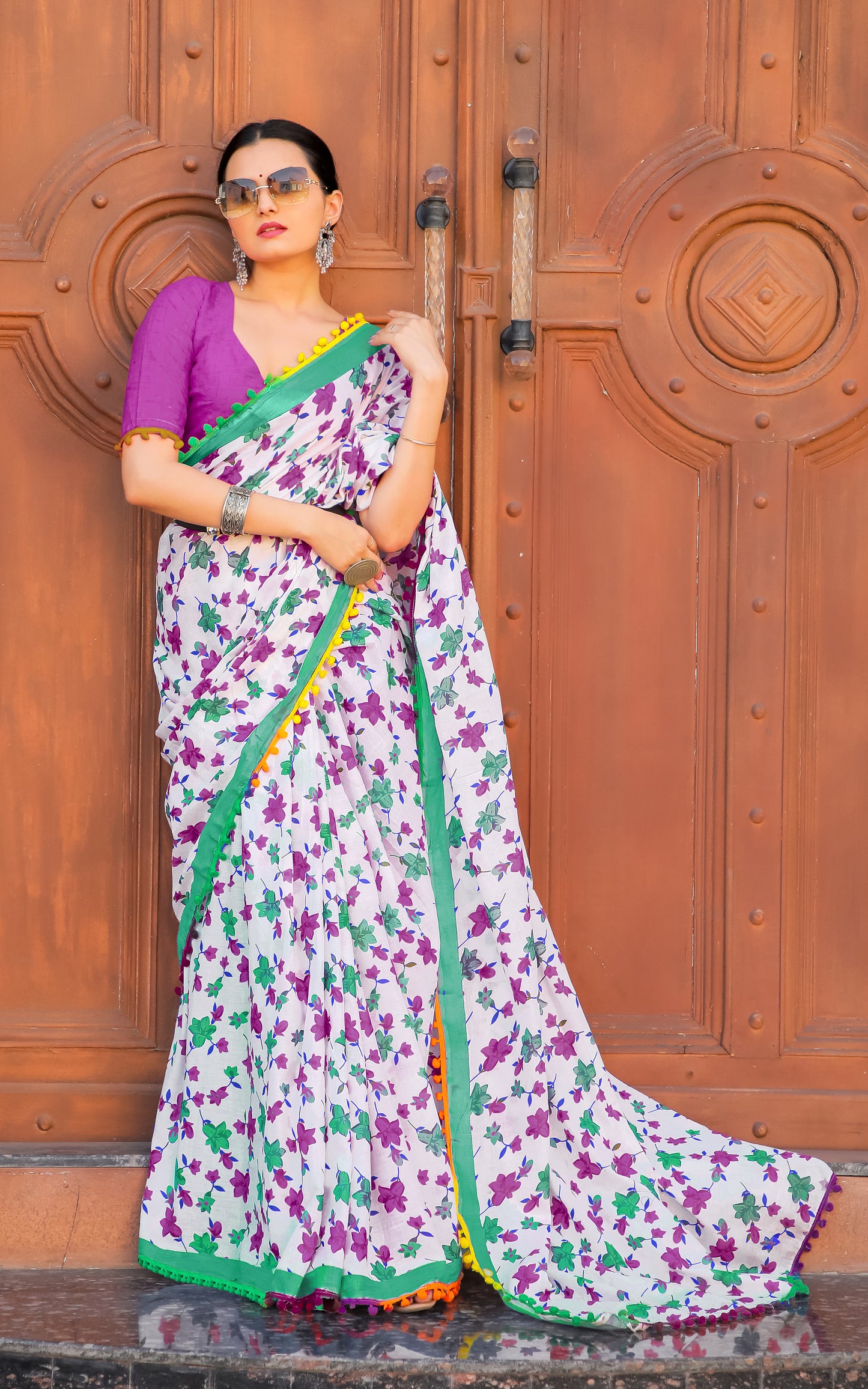 White-Purple Cotton Mul Printed Saree