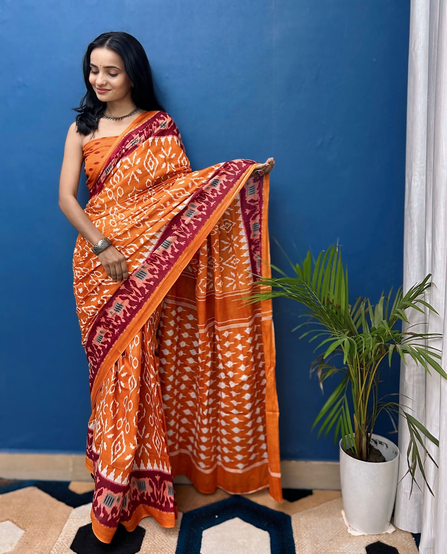 Blooming Orange Cotton Mul Printed Saree