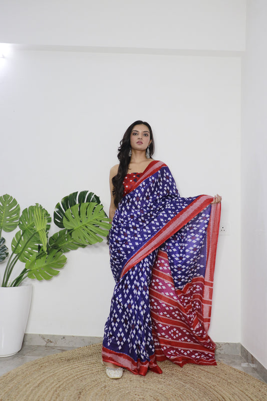 Blue-Red Cotton Printed Saree