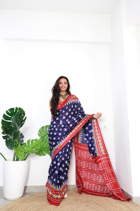 Blue-Red Cotton Printed Saree