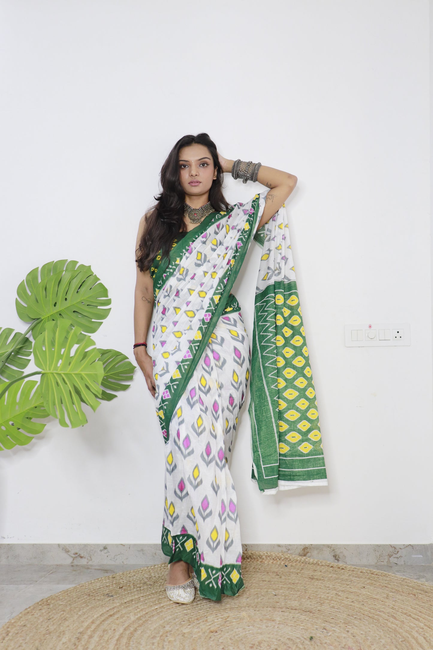 White-Green Cotton Printed Saree