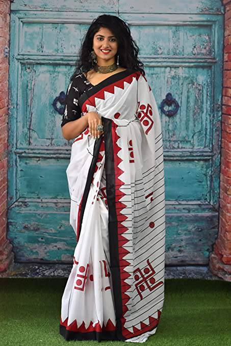 Designer White Cotton Mul Printed Saree