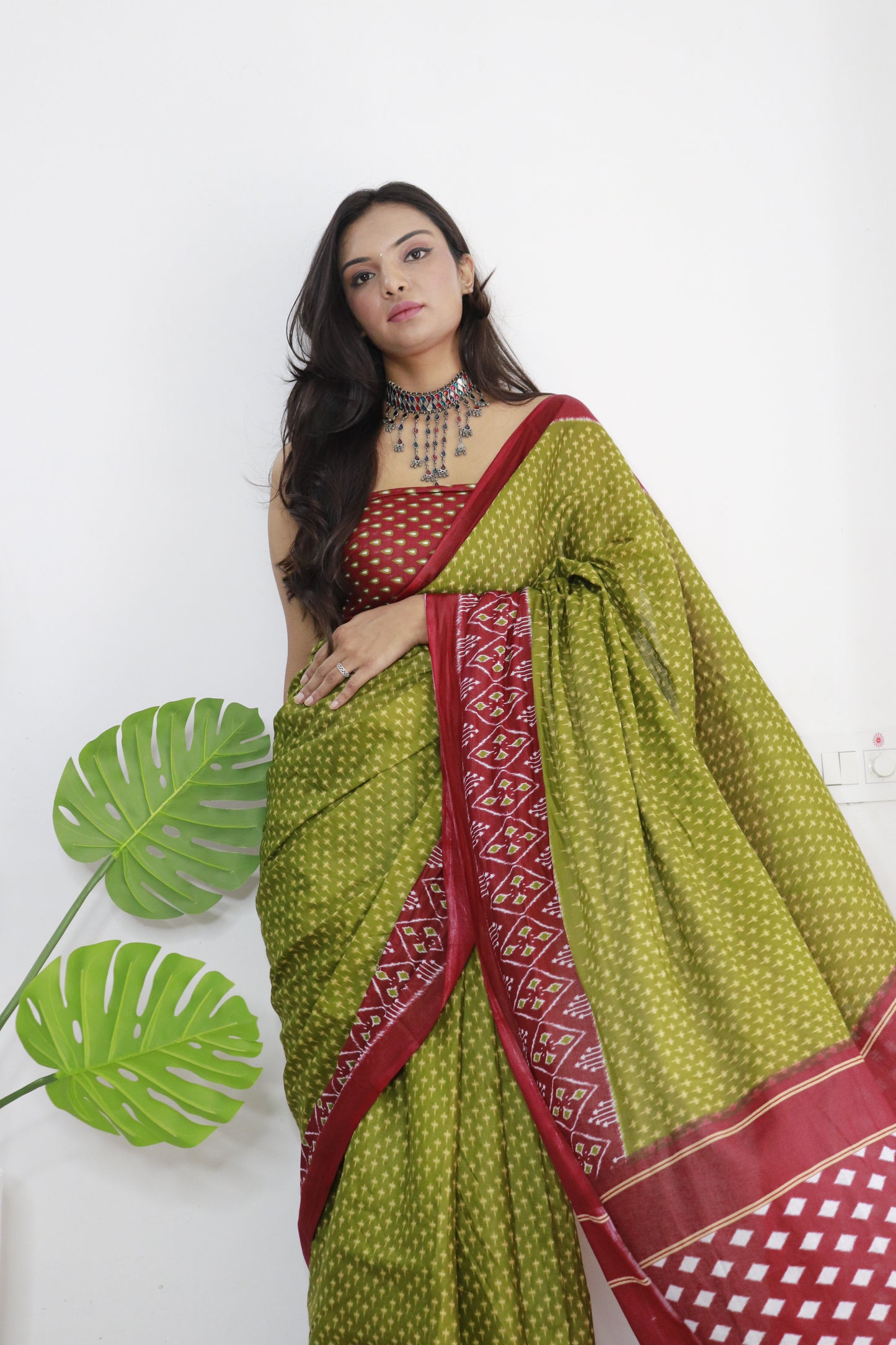 Maroon-Mehendi Cotton Printed Saree