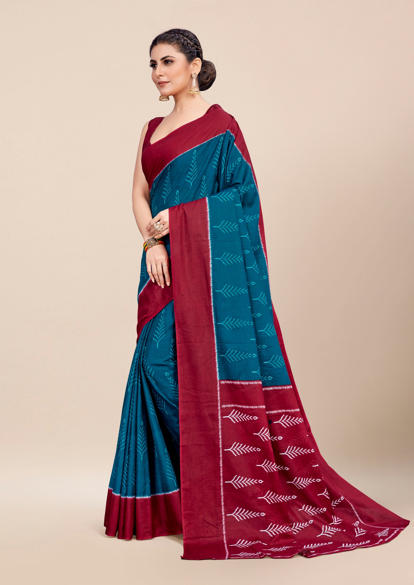 Maroon-Teal Blue Cotton Mul Printed Saree